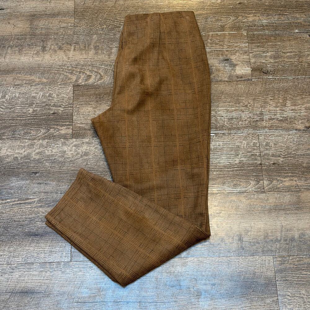 Tahari Womens Plaid Faux Suede Elastic Waist Pull On Pants Tan Brown Size M